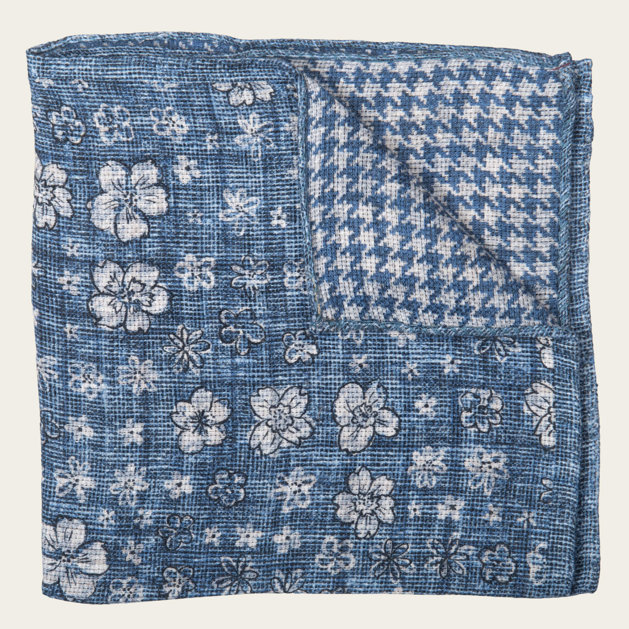Blue With White Flower Double Sided Linen Cotton Pocket Square