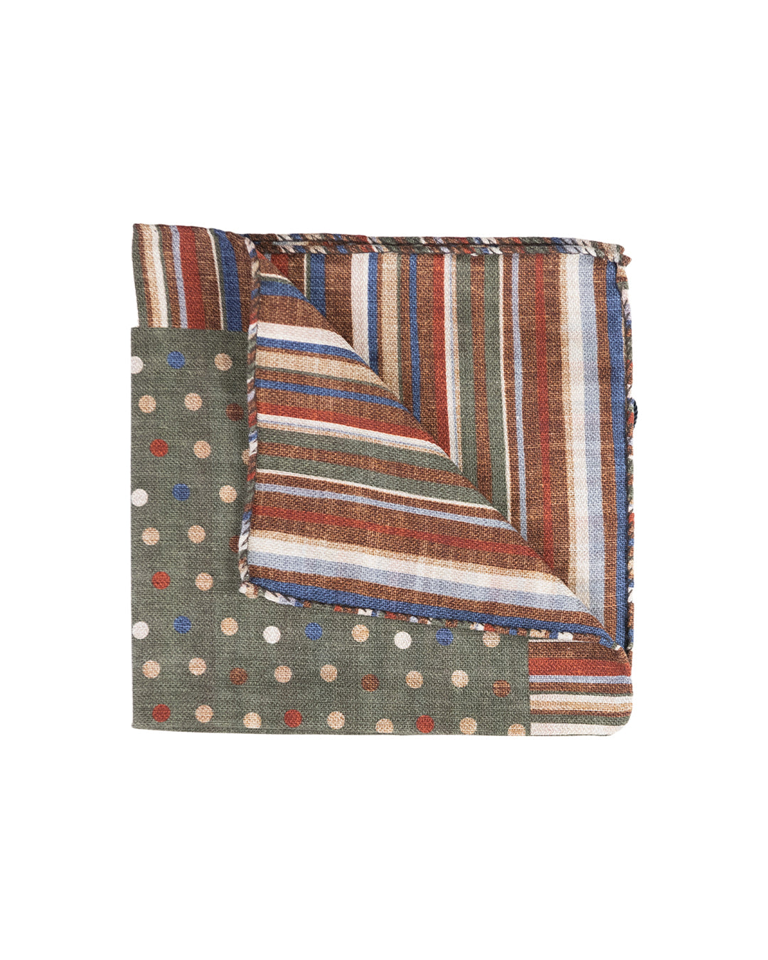 Olive Double Sided Multicoloured Stripe Border Italian Silk Pocket Square