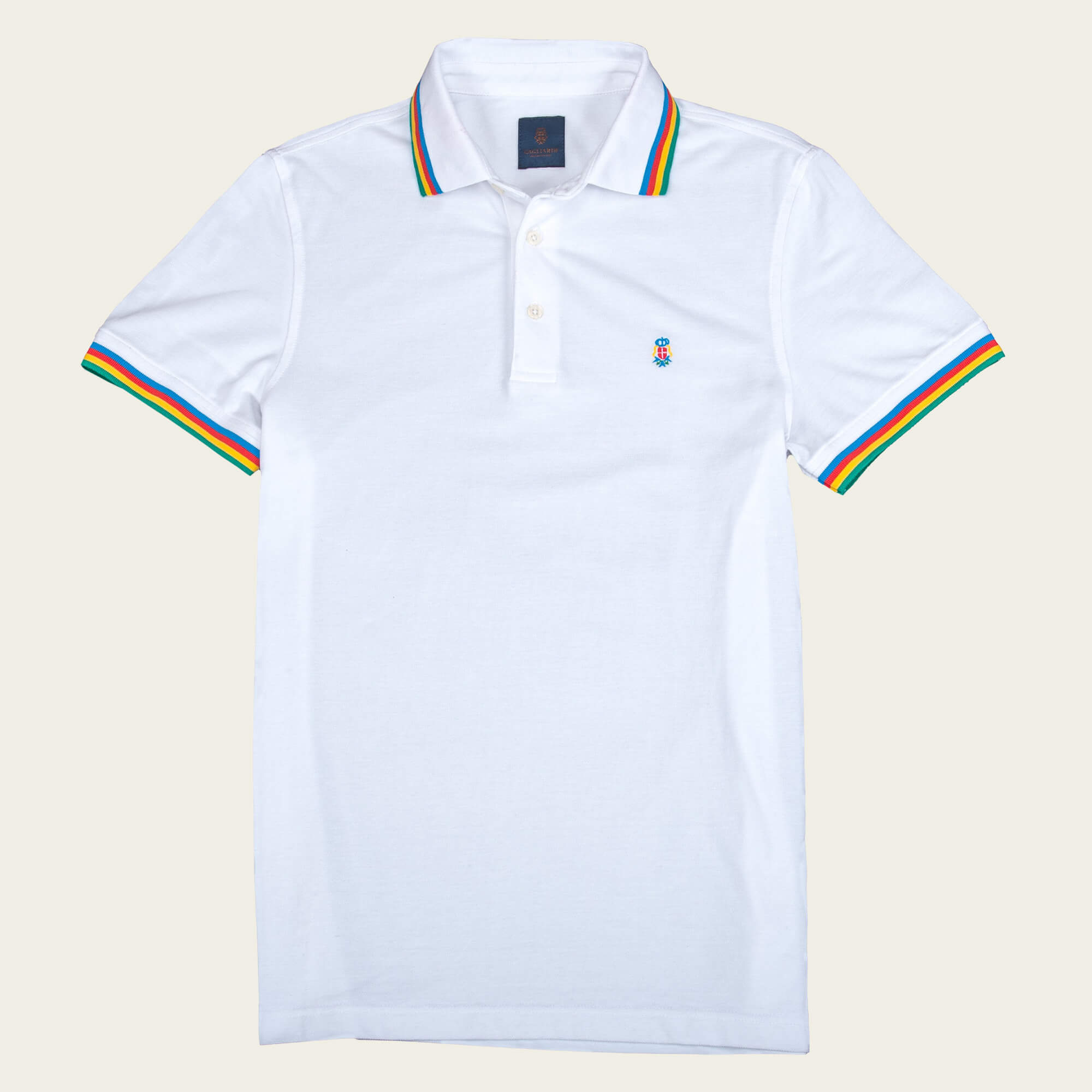 White Pique Polo Shirt With Multicoloured Tipping