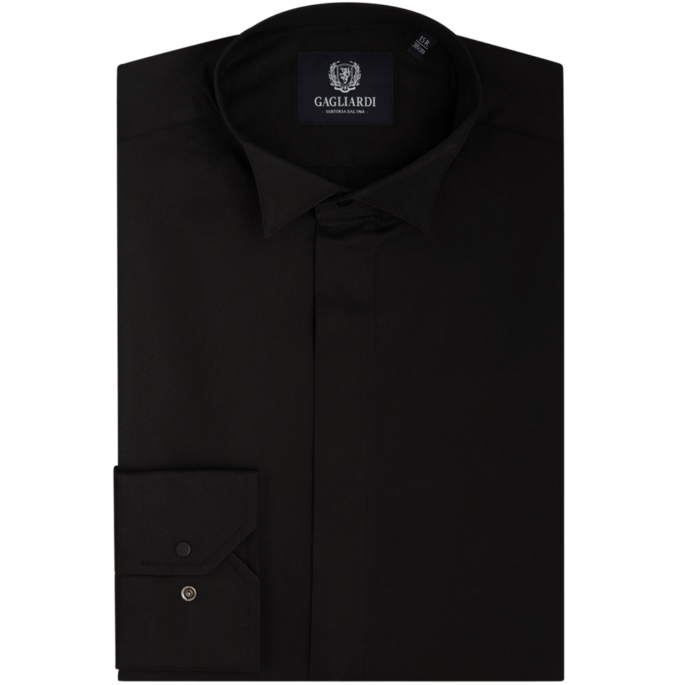 Black Mercerised Plain Slim Fit Traditional Wing Collar Shirt - Gagliardi