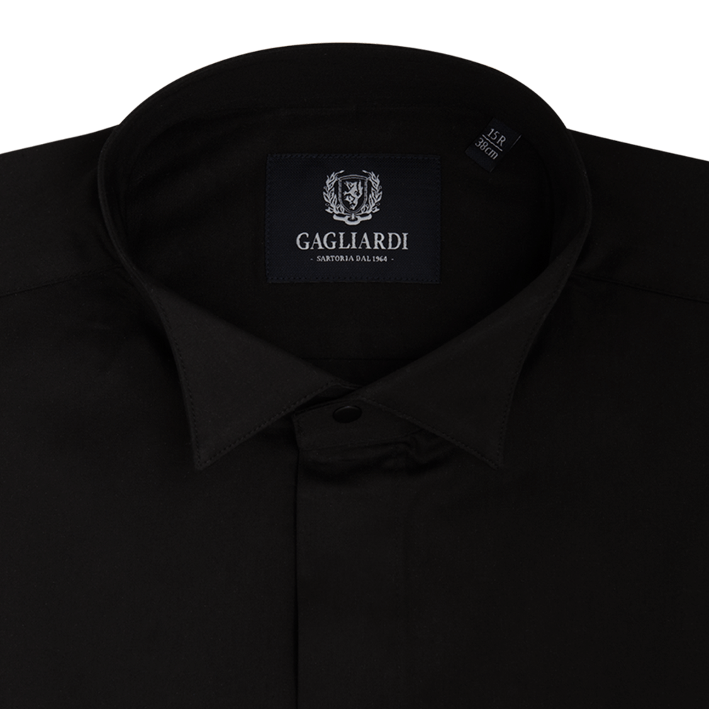 Black Mercerised Plain Slim Fit Traditional Wing Collar Shirt - Gagliardi