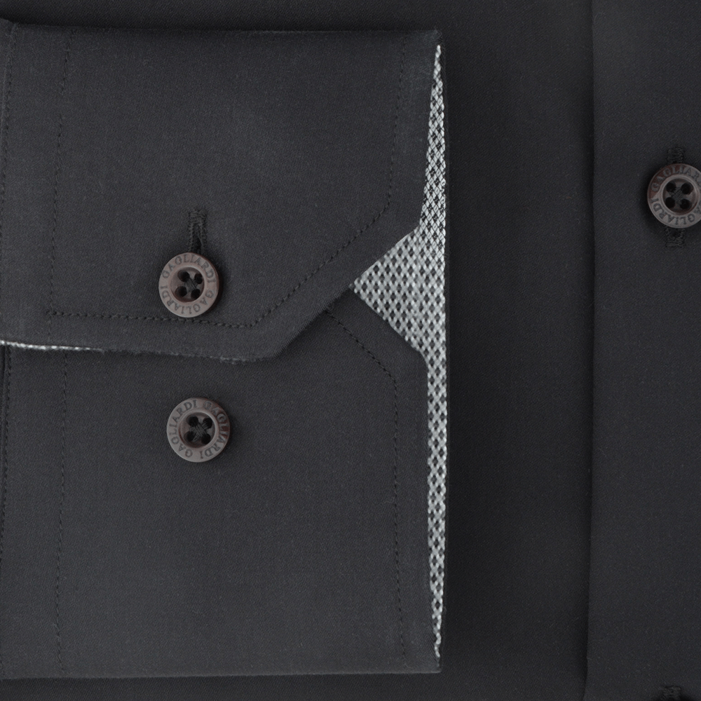 Black Mercerised Plain With Charcoal Diamond Jacquard Trim Slim Fit Dress Shirt - Gagliardi