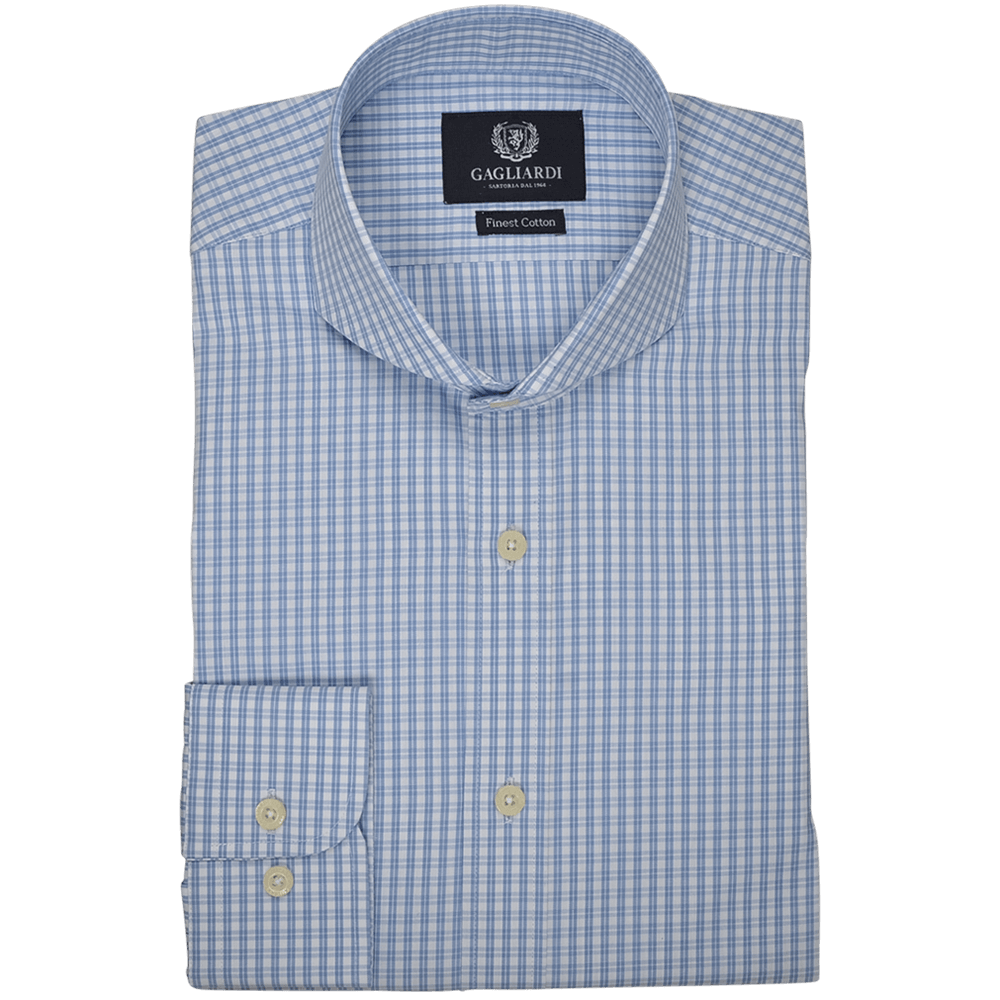 White with Skye Blue Oxford Check Business Shirt - Gagliardi