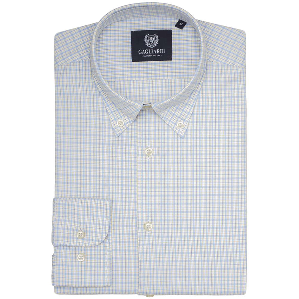 Royal Blue & Yellow Micro Checked Slim Fit Buttondown Collar Shirt - Gagliardi
