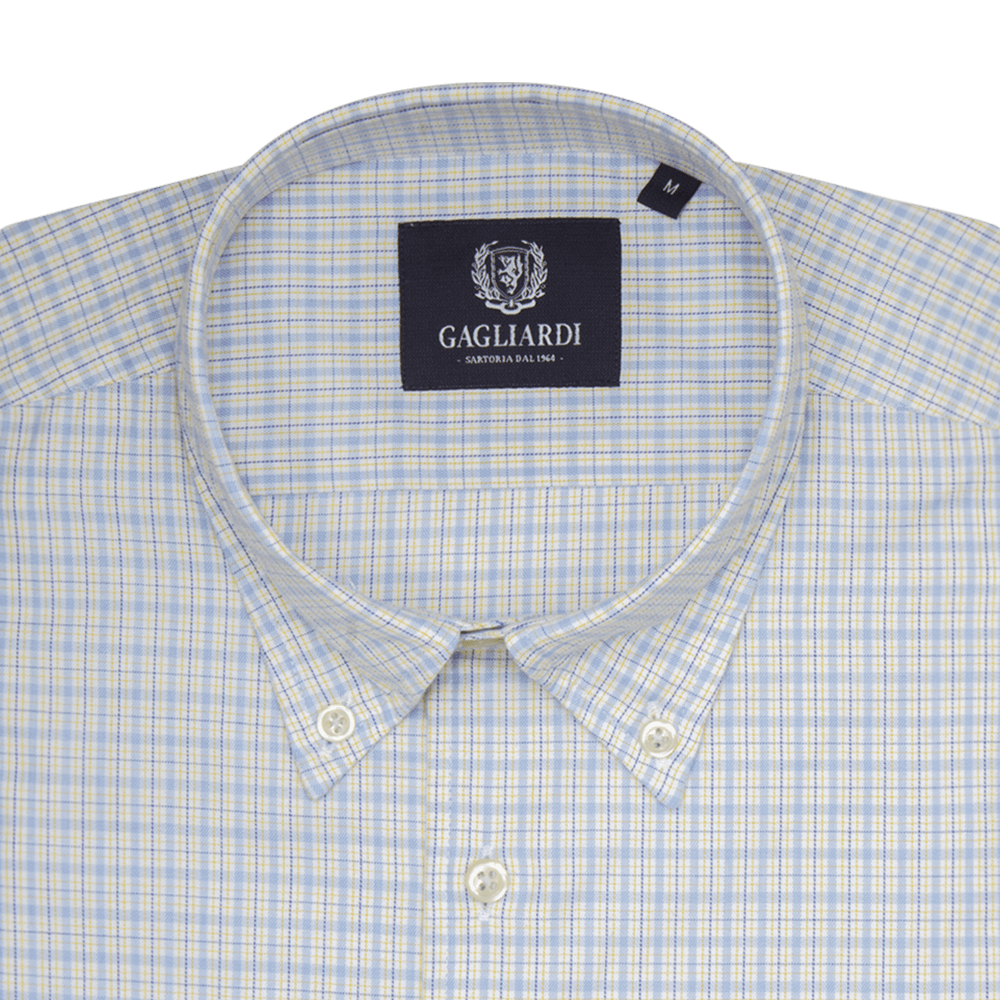 Royal Blue & Yellow Micro Checked Slim Fit Buttondown Collar Shirt - Gagliardi