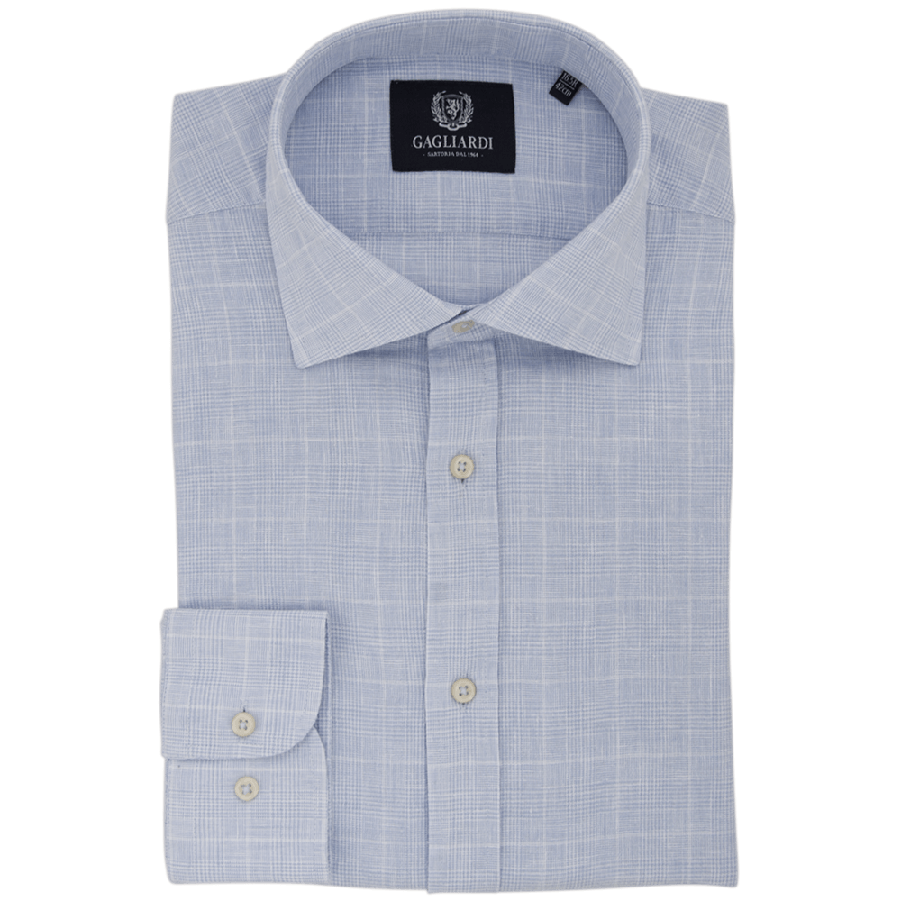 Sky Checked Slim Fit Long Sleeve Cutaway Collar Linen Shirt - Gagliardi