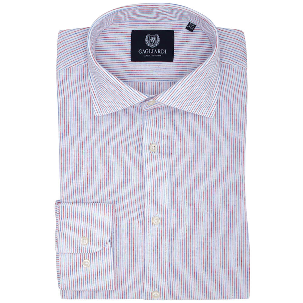 Blue & Red Striped Slim Fit Long Sleeve Cutaway Collar Shirt - Gagliardi
