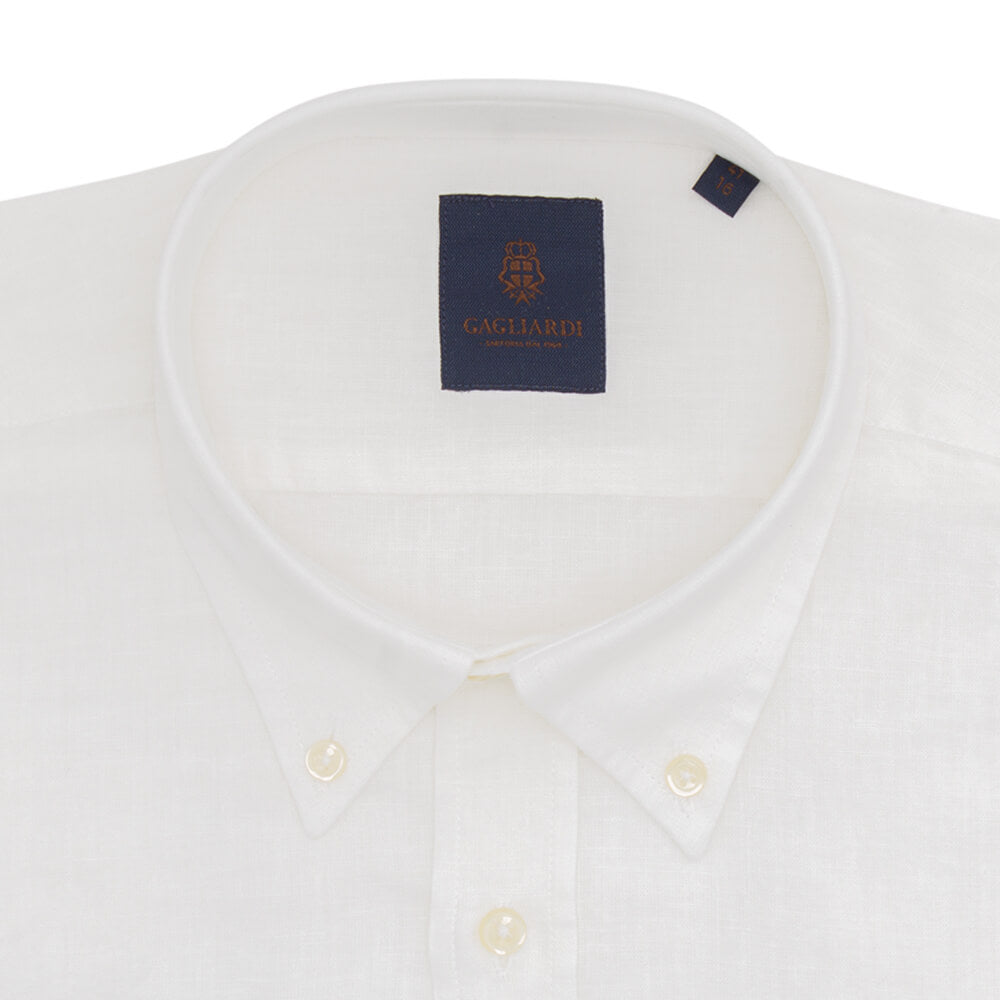 White Plain Slim Fit Long Sleeve Buttondown Collar Linen Shirt - Gagliardi