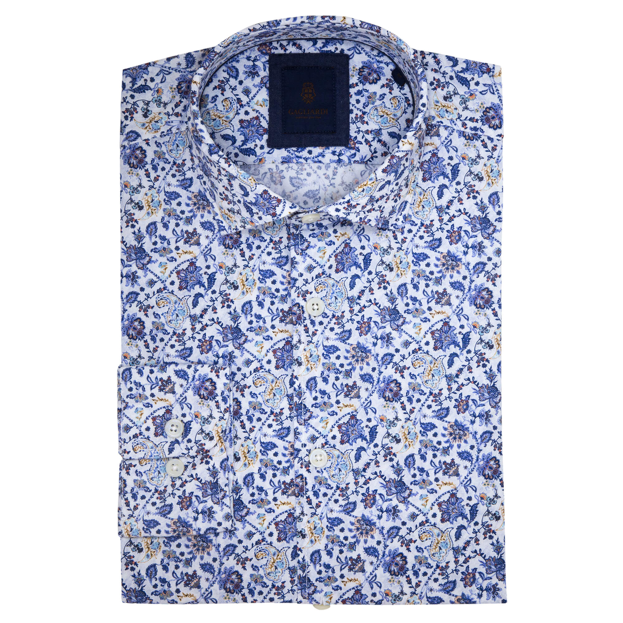 Slim Fit White Shirt With Blue Floral Print