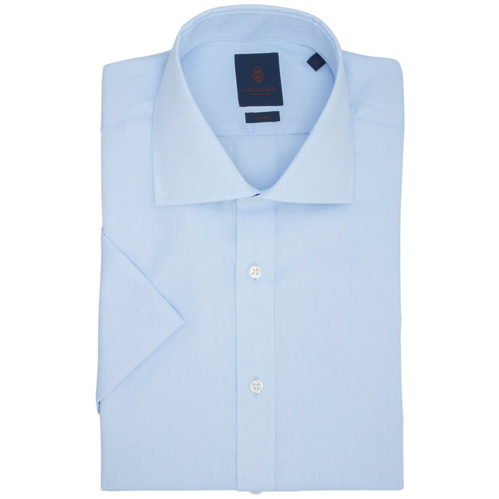 Sky Basketweave Slim Fit Short Sleeve Cutaway Collar Shirt - Gagliardi
