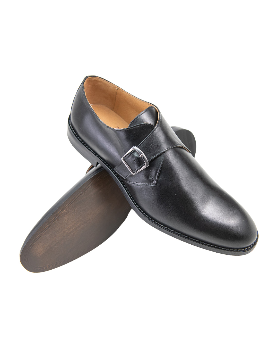 Black Leather Single Buckle Monk Strap Shoes