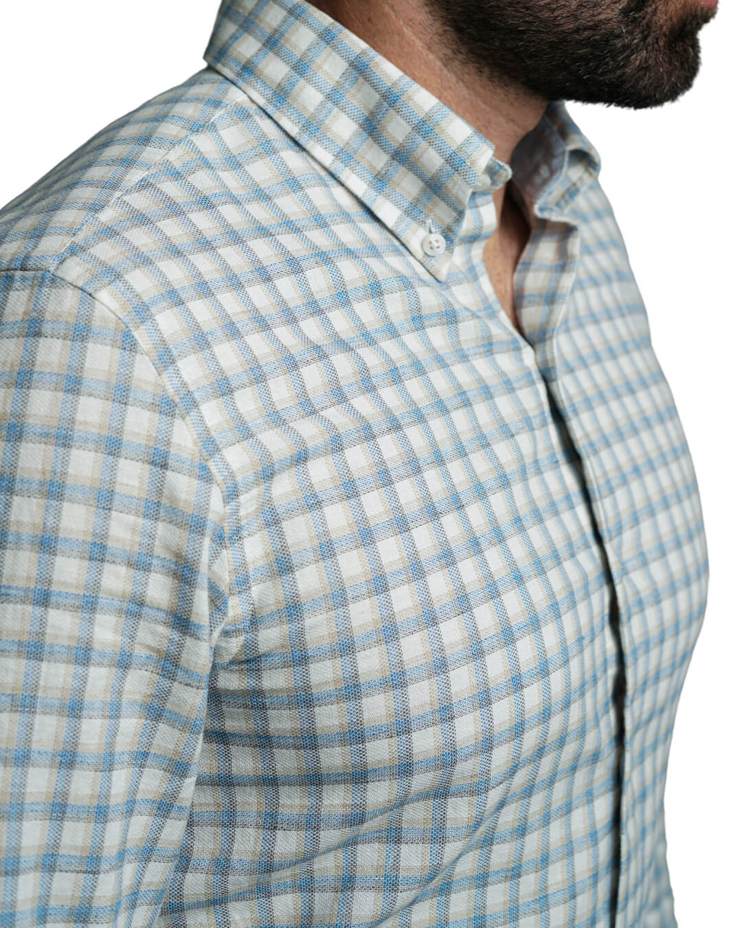 Blue Slim Fit Cotton Linen Check Button-Down Shirt