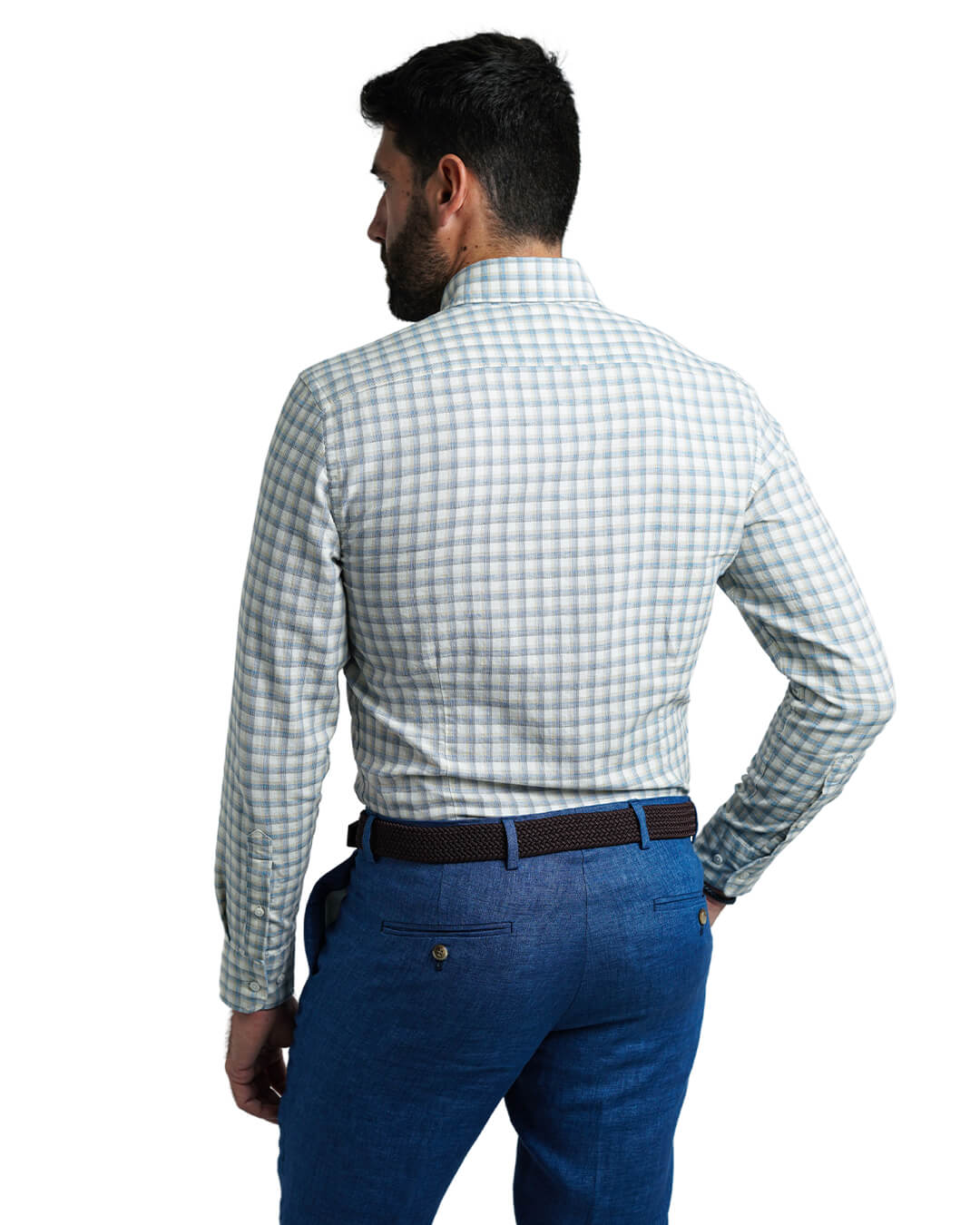 Blue Slim Fit Cotton Linen Check Button-Down Shirt