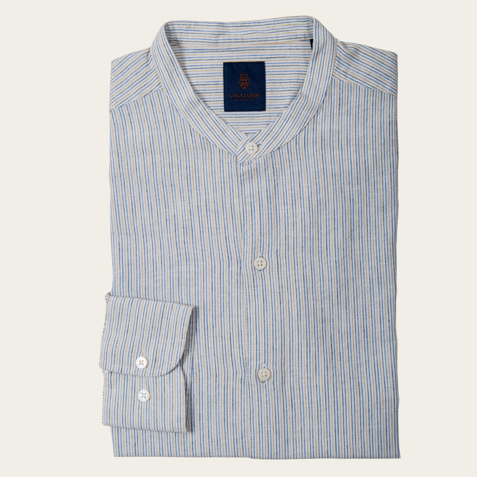 Blue Slim Fit Linen Cotton Vintage Stripe Grandad Collar Shirt