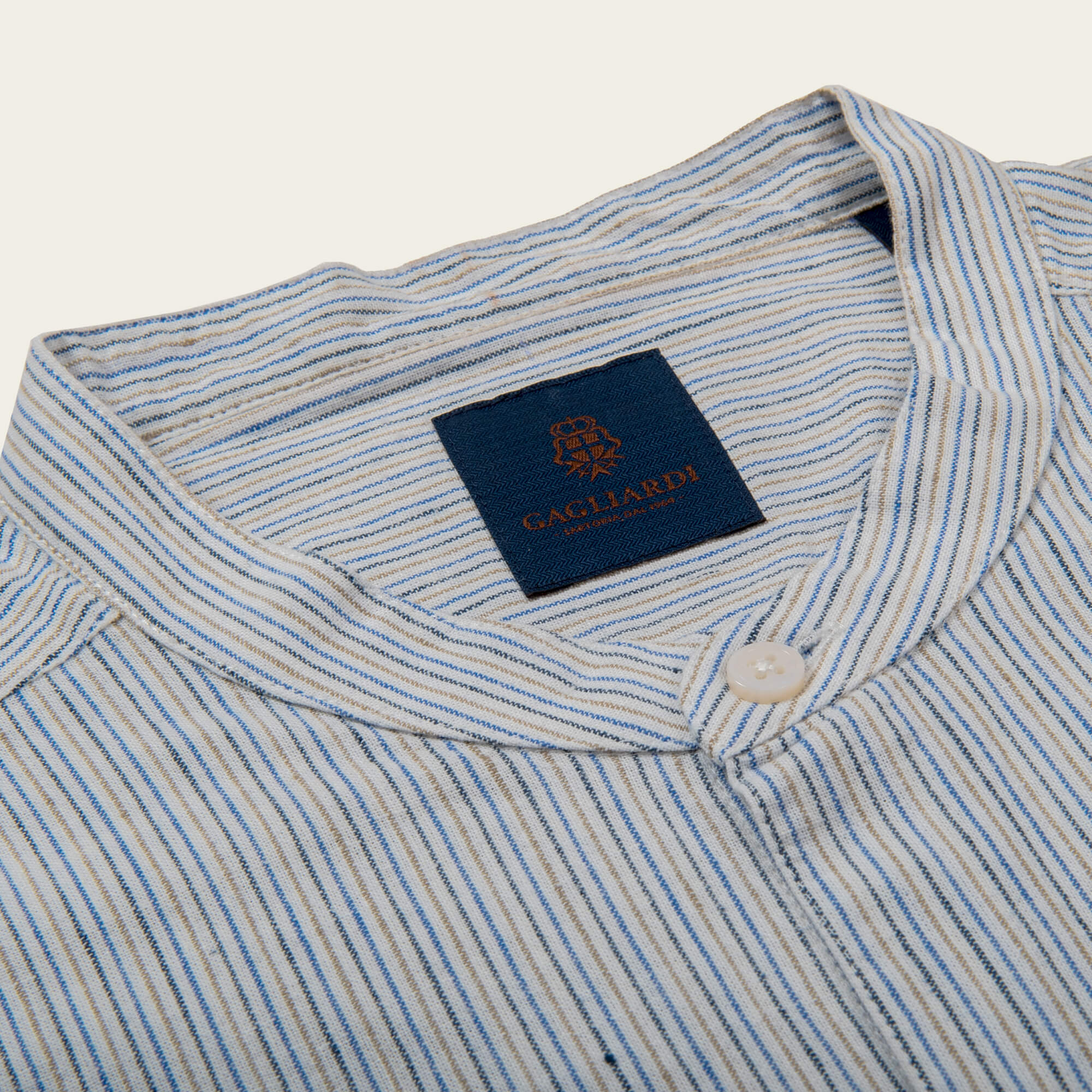 Blue Slim Fit Linen Cotton Vintage Stripe Grandad Collar Shirt