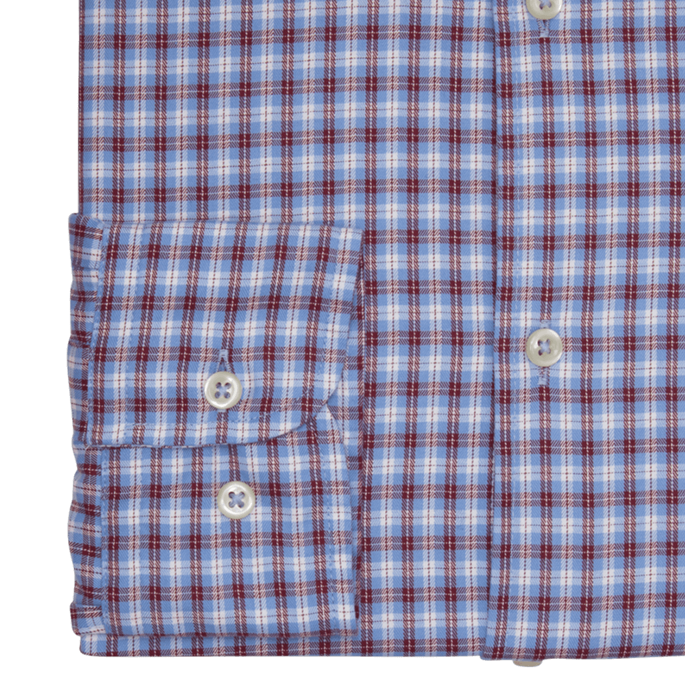 Sky With Raspberry & White Overcheck Checked Tailored Fit Buttondown Collar Shirt - Gagliardi