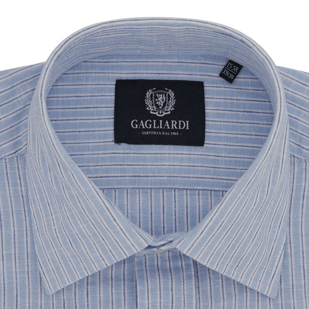 Mid Blue Striped Tailored Fit Classic Collar Linen Shirt - Gagliardi