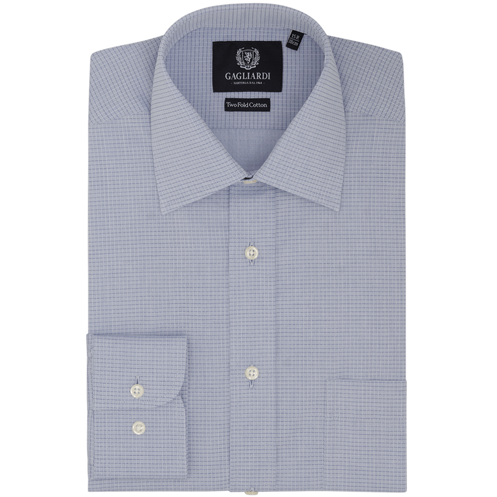 Mid Blue Checked Tailored Fit Classic Collar Shirt - Gagliardi