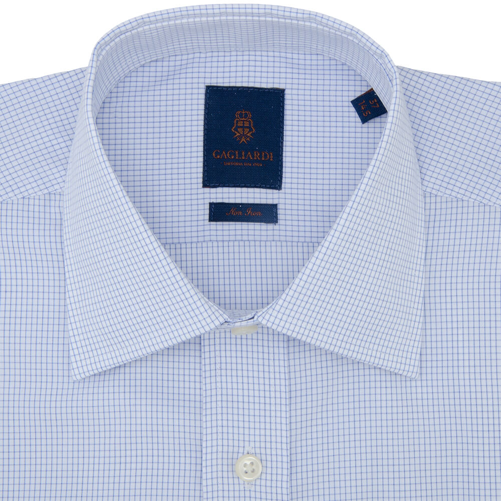 Tailored Fit White with Blue Mini Windowpane Poplin Cotton Non Iron Shirt - Gagliardi