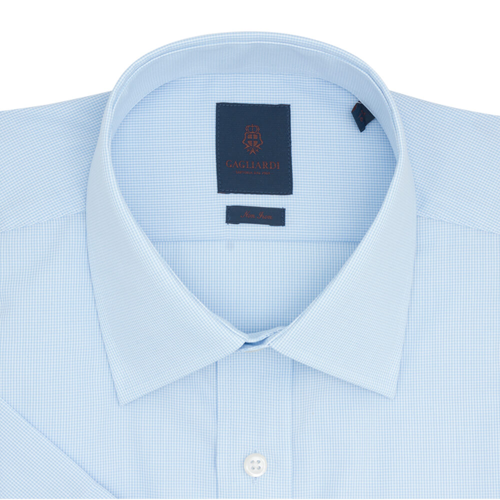 Sky Micro Gingham Tailored Fit Short Sleeve Classic Collar Shirt - Gagliardi