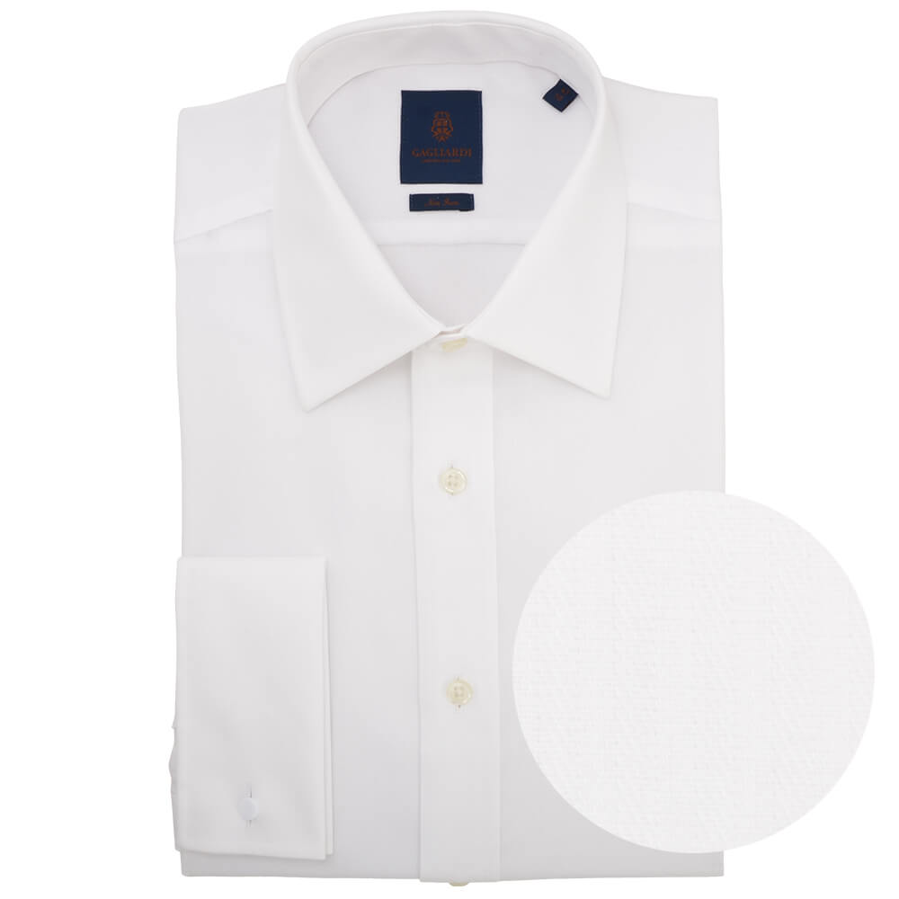 Tailored Fit White Herringbone Classic Collar Double Cuff Non-iron Shirt - Gagliardi