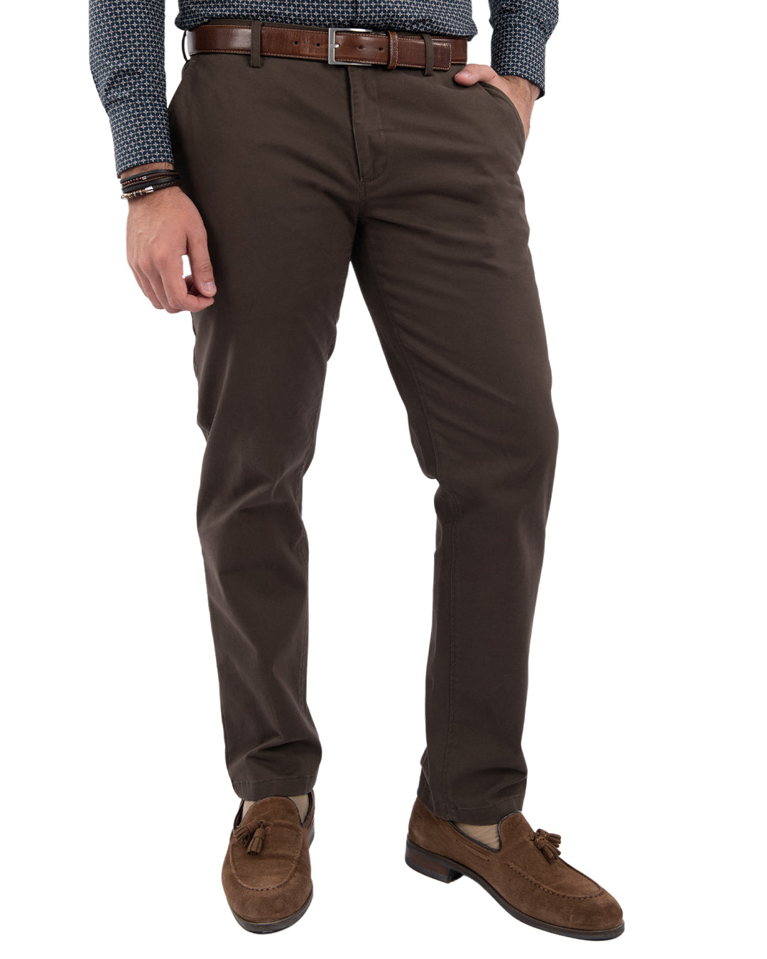Brown Brushed Cotton Stretch Twill Chino Trousers