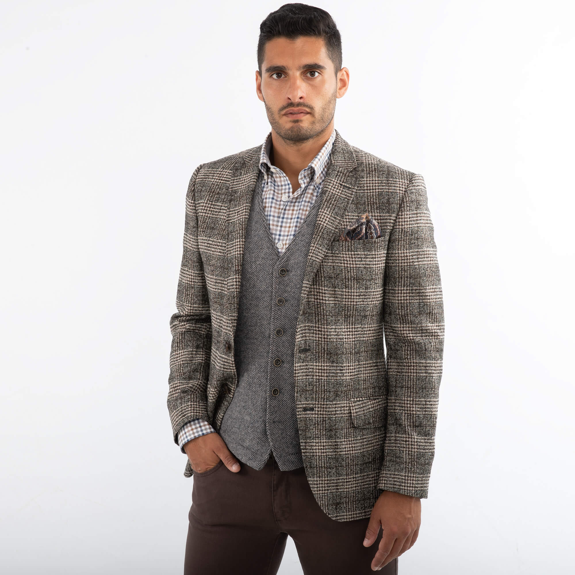 Di Fabio Beige & Brown Check Boucle Jacket