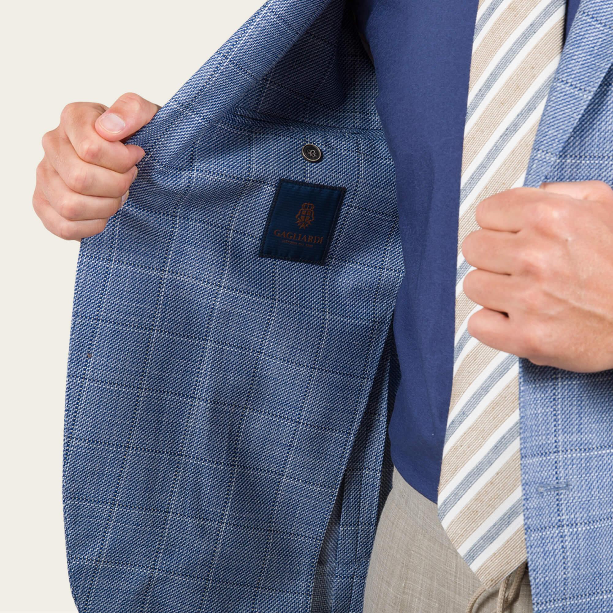Blue Linen Blend Windowpane Check Jacket | Gagliardi