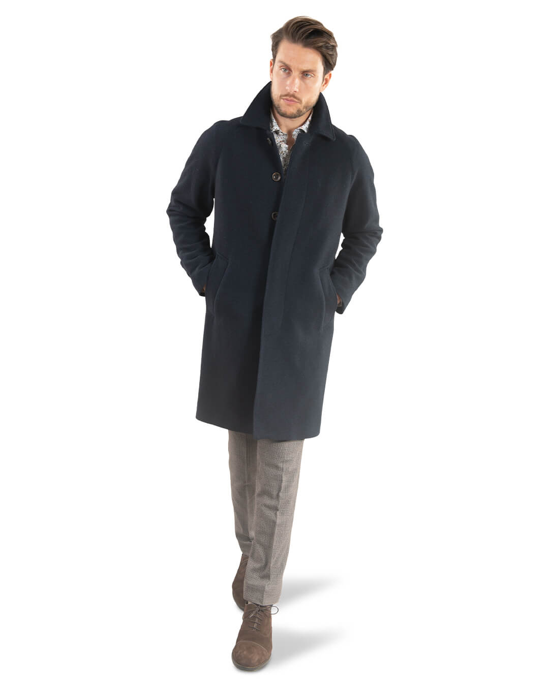 Navy Herringbone Raglan Sleeve Coat