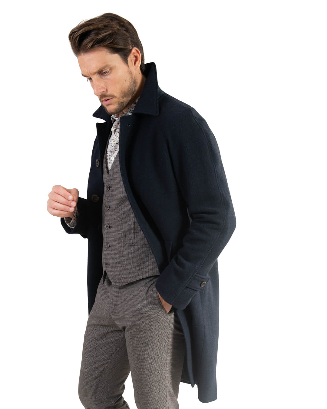 Navy Herringbone Raglan Sleeve Coat