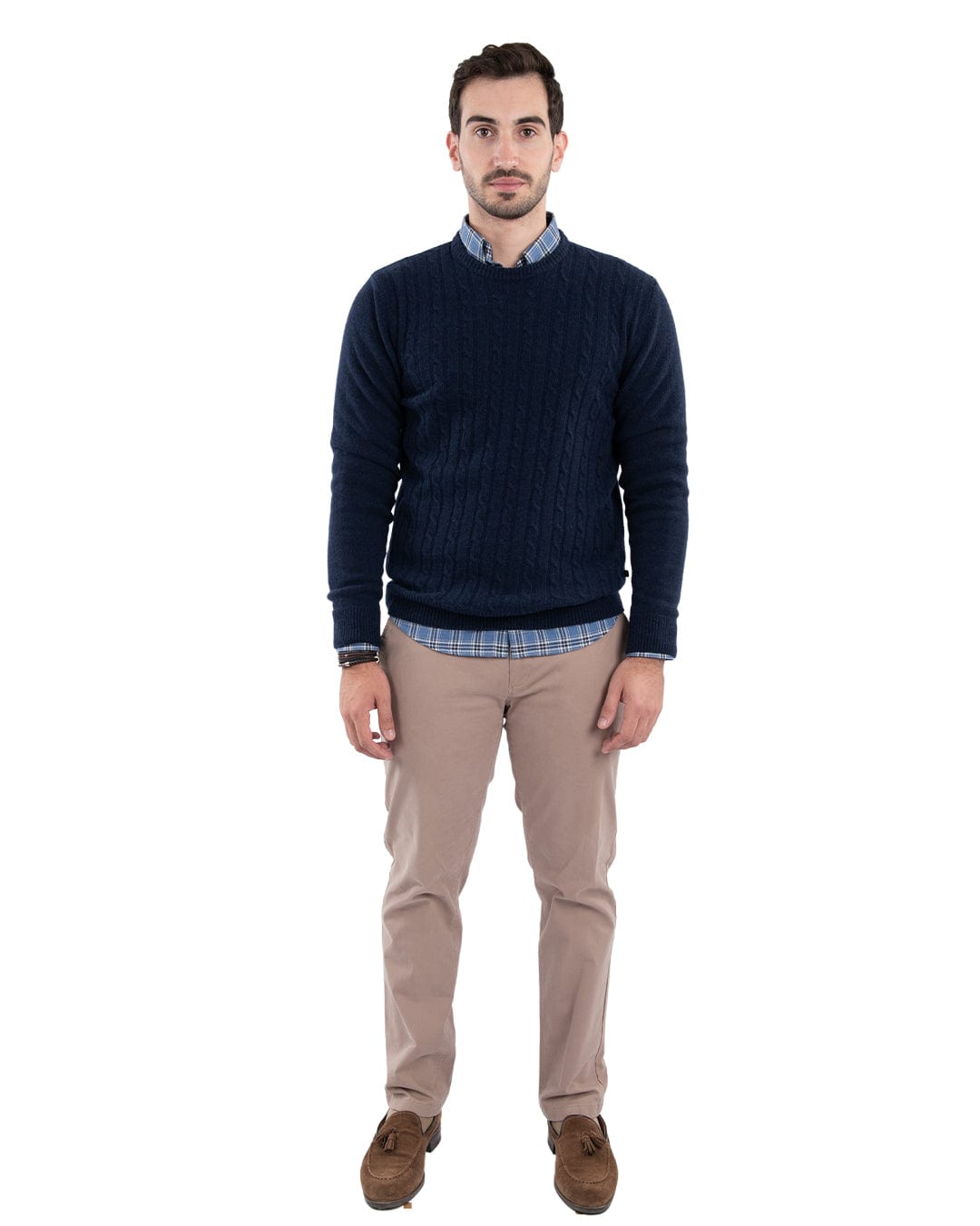 Gagliardi Jumpers Gagliardi Reclaimed Lambswool Blue Cable Front Crew Neck Jumper
